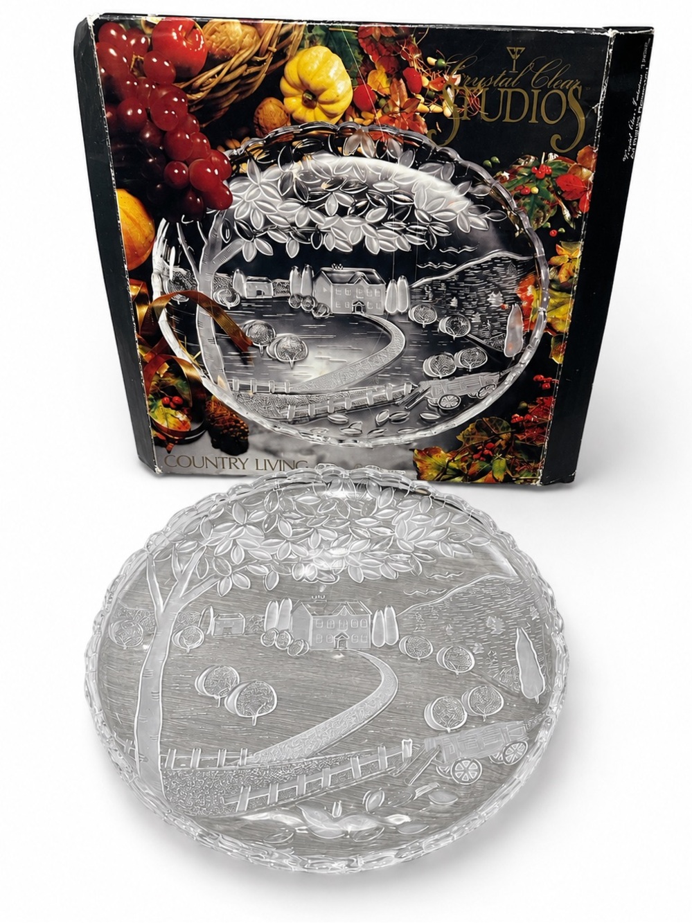Crystal Clear Studios Vintage 1992 Country Living Scene Glass Platter 14"